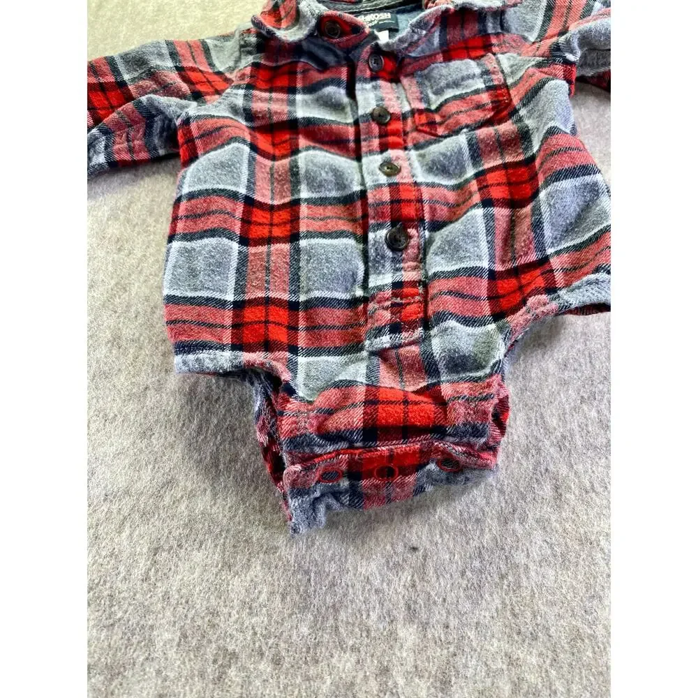 OshKosh B'Gosh 100% Cotton Red and Gray Button Front Flannel Shirt Size 6 Months